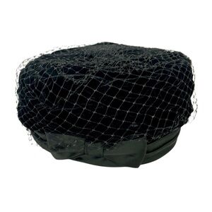 Vintage 1960’s Black Velvet and Satin Pillbox Hat with netting. Pre owned